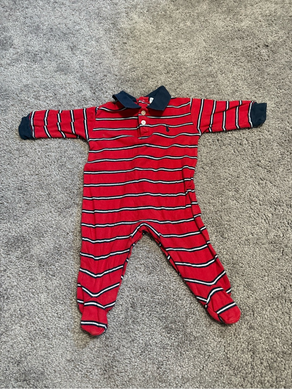 Ralph Lauren red, white, and navy blue horizontal striped cotton baby onesie ⬇️